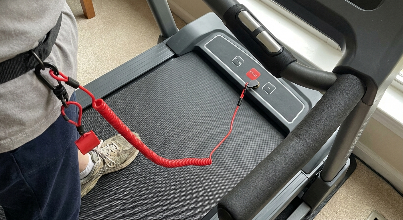 Close-up of walking pad safety features: emergency stop lanyard, non-slip belt, side rails, easy controls