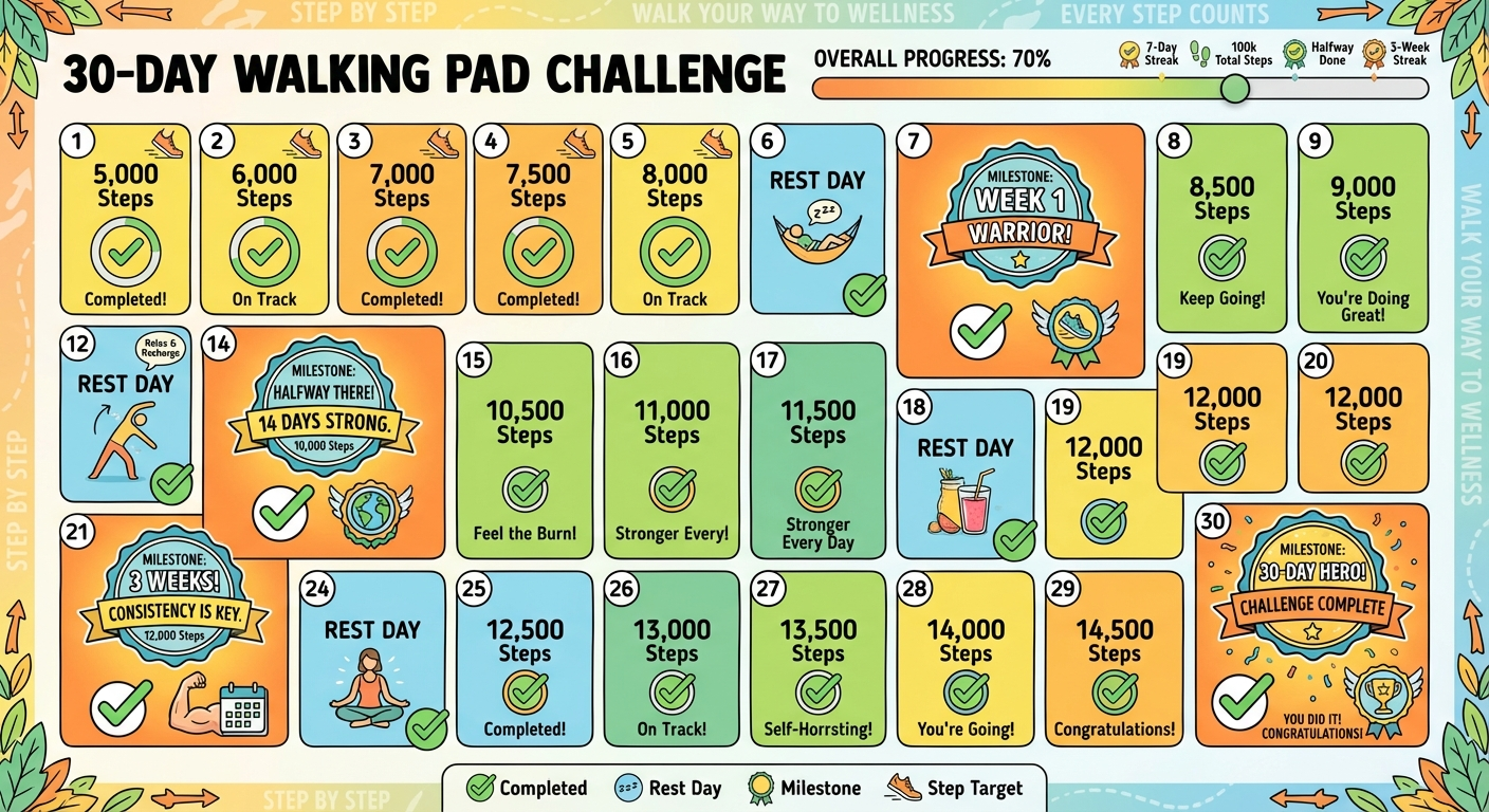 30-day walking pad challenge calendar infographic with daily step targets, rest days, and milestone markers at days 7, 14, 21, 30