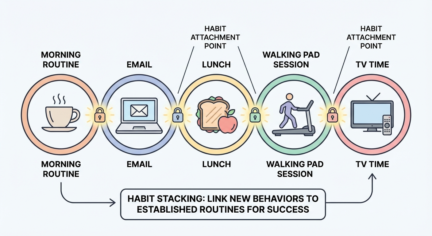 Habit stacking concept illustration — chain linking morning coffee, work calls, TV time to walking pad sessions