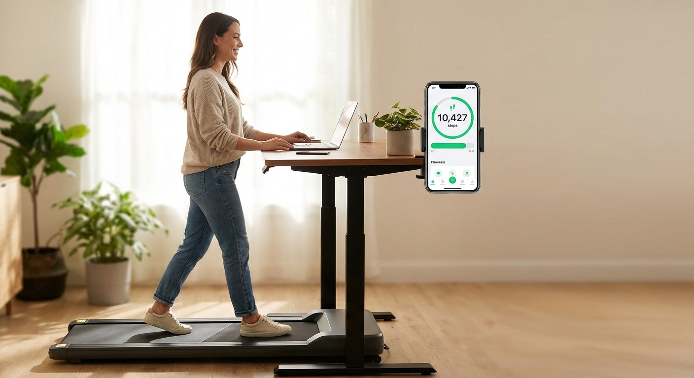 Person happily walking on an under-desk walking pad in a bright home office, casual clothes, laptop on standing desk, step counter app on phone