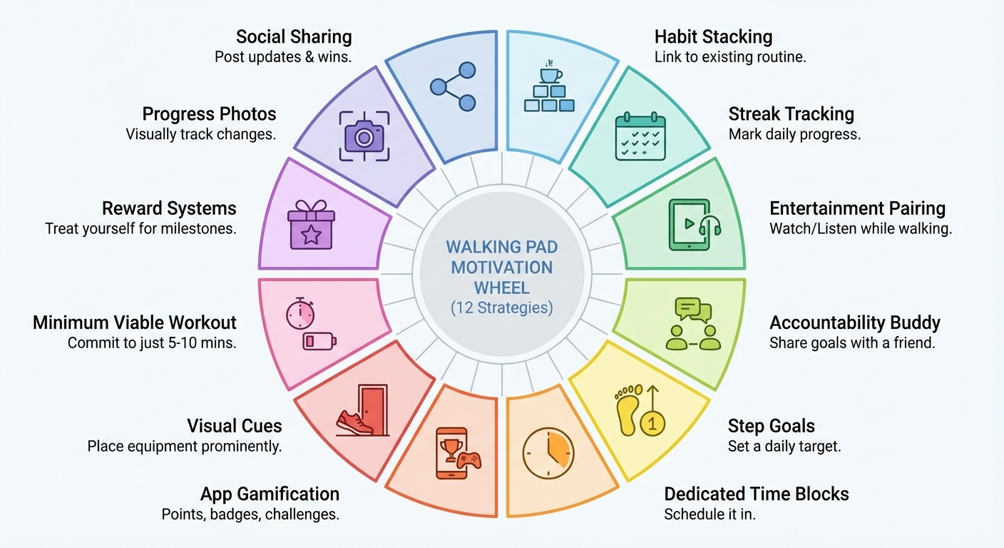 12 walking pad motivation strategies infographic — wheel showing habit stacking, streak tracking, entertainment pairing, app gamification and more