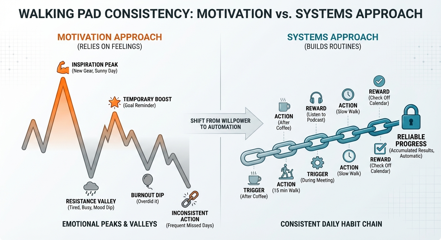 Walking pad systems vs motivation infographic — systems produce consistent daily use while motivation produces peaks and valleys