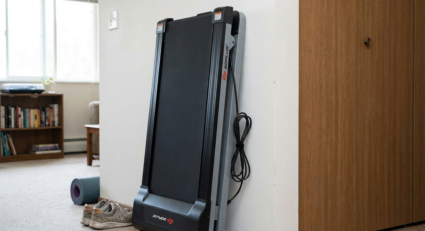 Goplus folding walking pad stored upright beside apartment closet