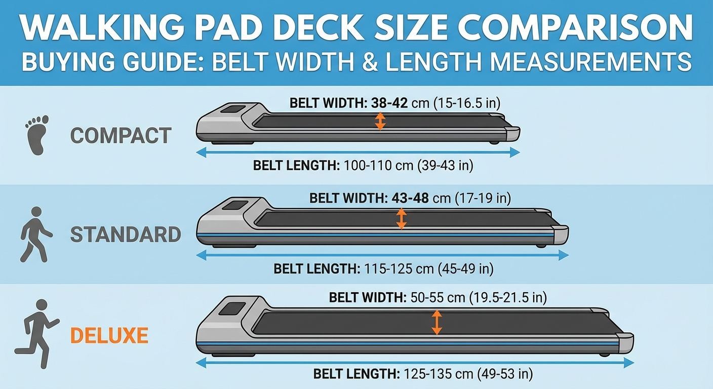 Walking pad deck size comparison showing different belt widths and lengths