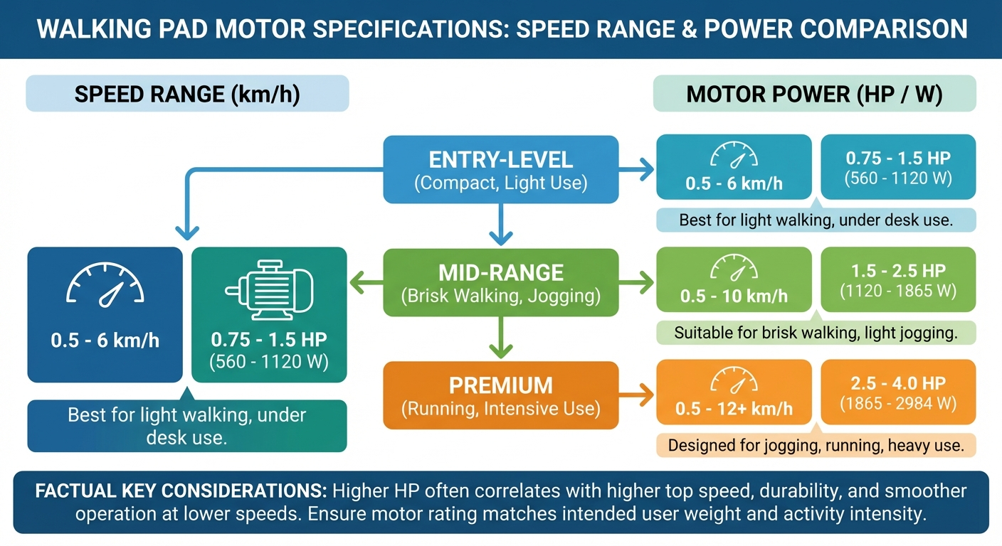 Walking pad motor specifications comparison showing different HP ratings