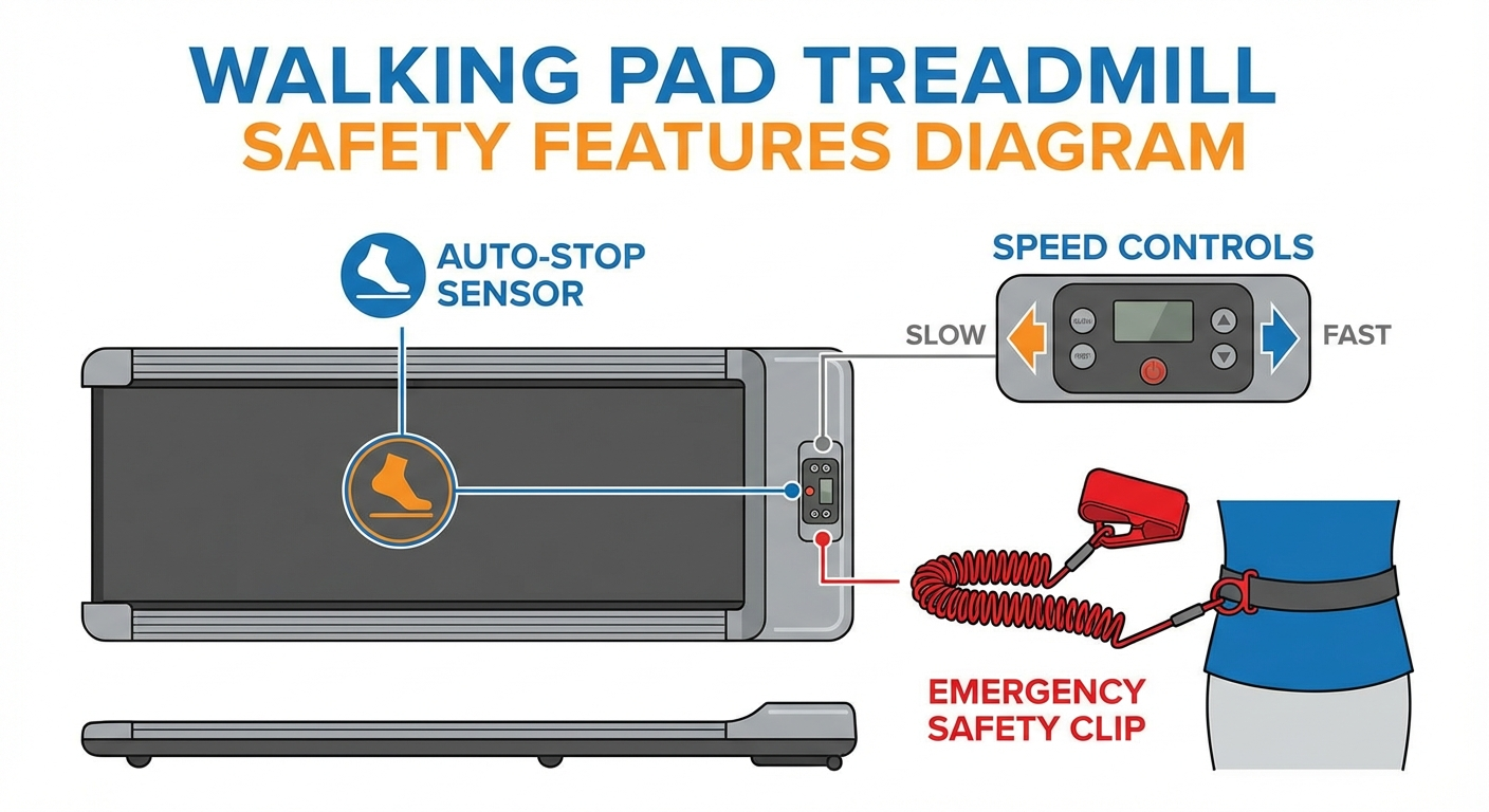 Walking pad safety features including auto-stop sensor and non-slip belt surface
