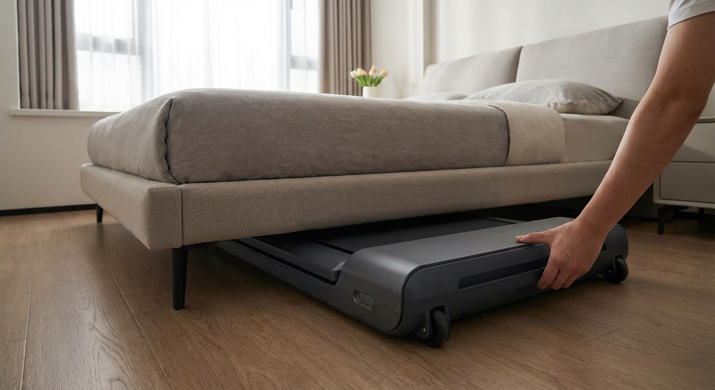 Portable walking pad stored under a bed in folded position