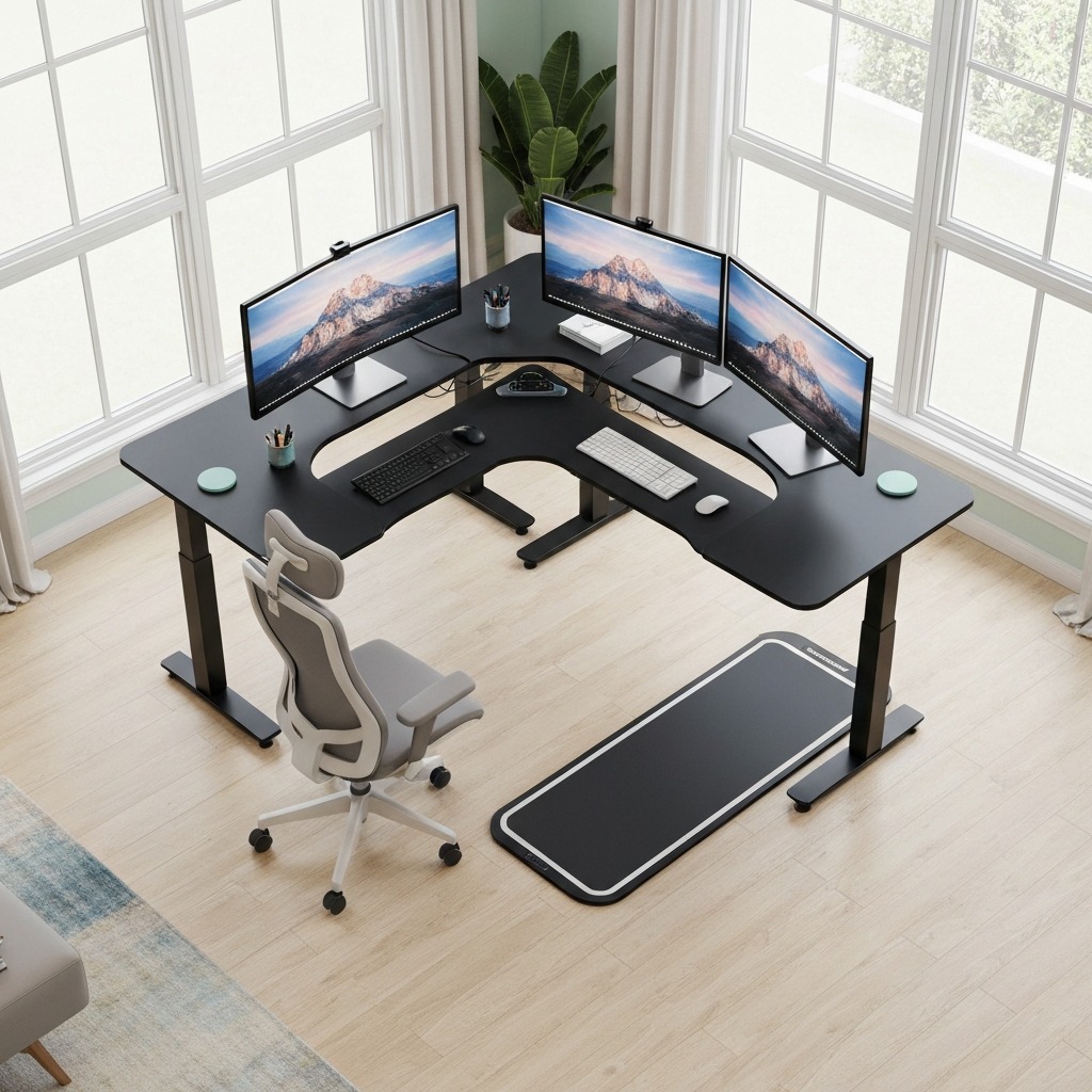 Walking pad desk setup with two monitors showing ergonomic dual monitor positioning at a standing desk