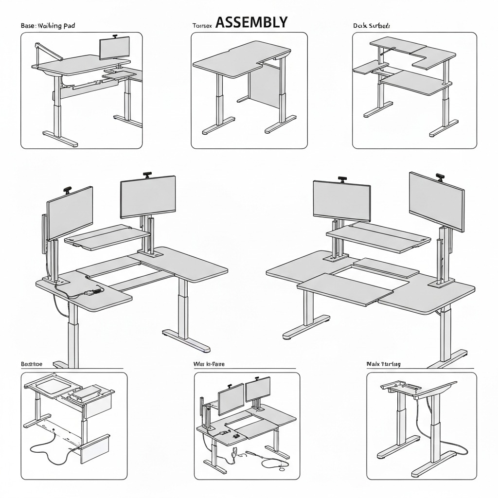 Step by step walking pad desk setup guide showing assembly sequence from walking pad placement to final cable management