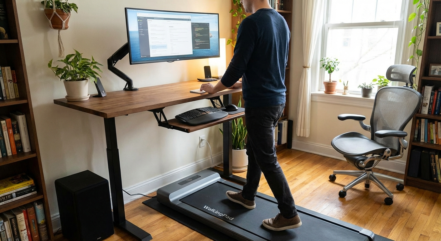 Walking pad stored under a standing desk