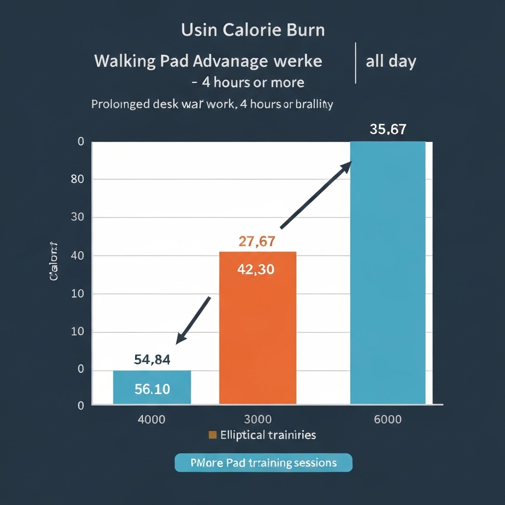 Bar chart comparing calorie burn between walking pad used all day versus a single elliptical session, showing walking pad advantage at 4+ hours of desk use