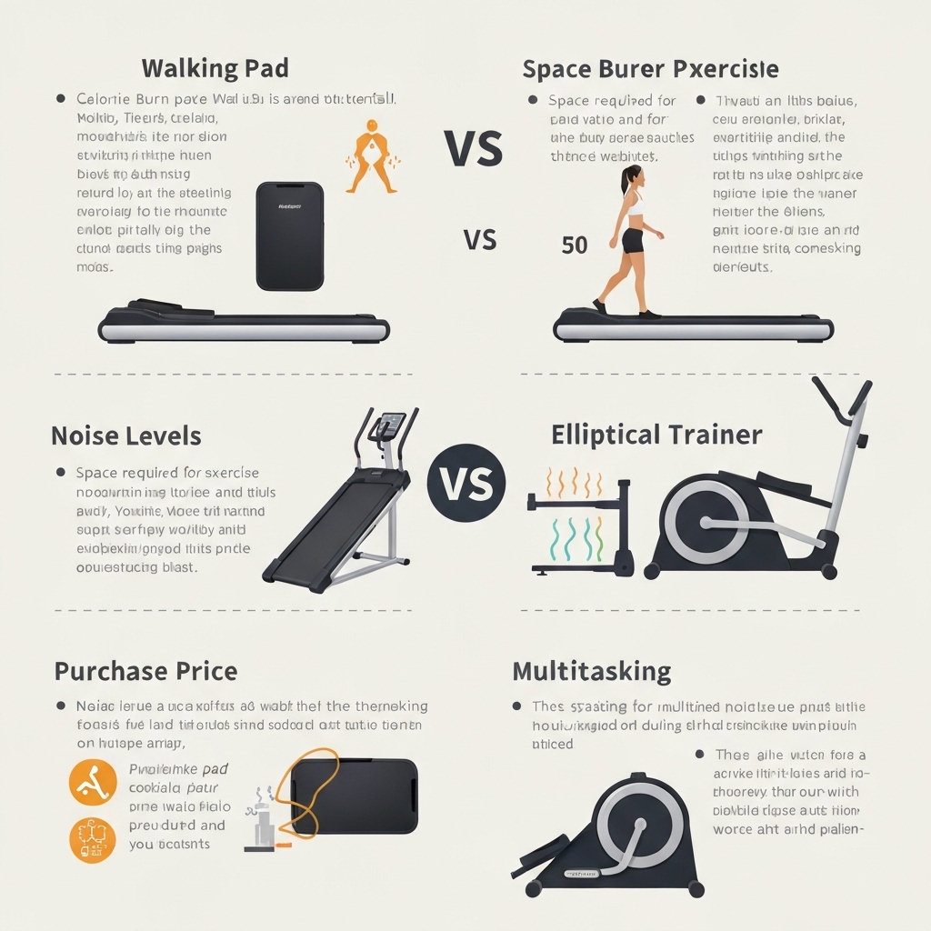 Infographic comparing walking pad and elliptical trainer across 8 categories including calorie burn, space, noise, price, and multitasking ability