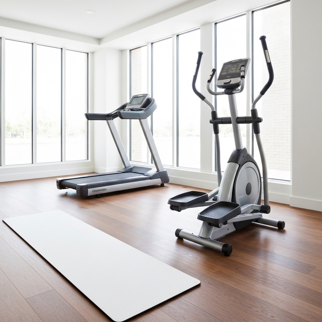 Slim white walking pad beside a silver elliptical trainer in a bright home gym — comparing size and footprint of both machines