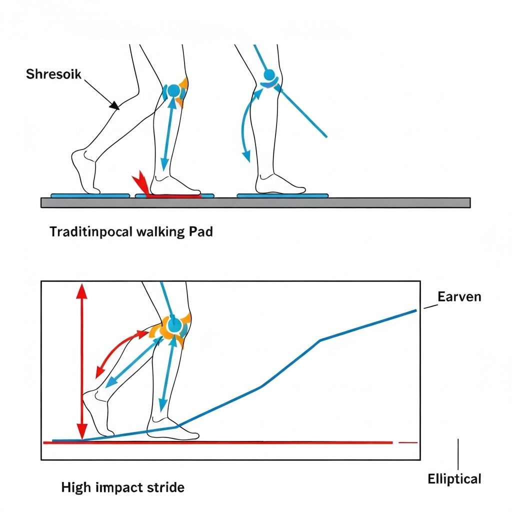 Diagram showing joint impact forces during walking on a walking pad versus elliptical stride, with walking pad showing small impact spike and elliptical showing flat impact line