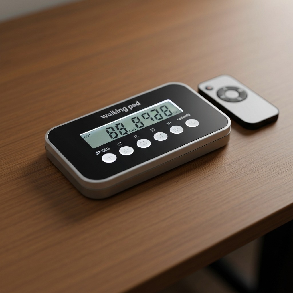 Close-up of walking pad LED control panel showing speed and calorie display with minimal remote control on a wooden desk