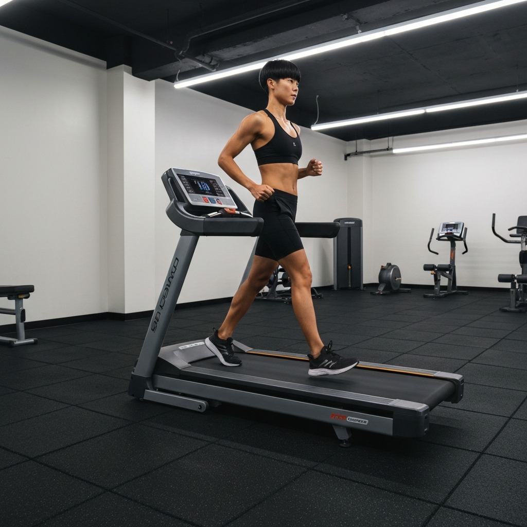 Person using a full-size home treadmill in a dedicated gym room with rubber flooring, console display showing speed and incline
