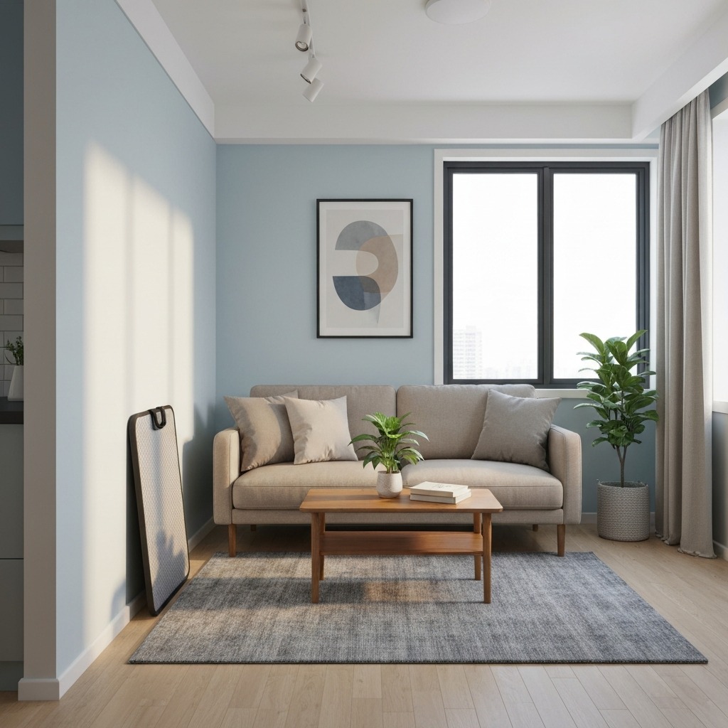 Walking pad stored upright against an apartment wall beside a bookshelf — demonstrating space-saving storage in a small living space