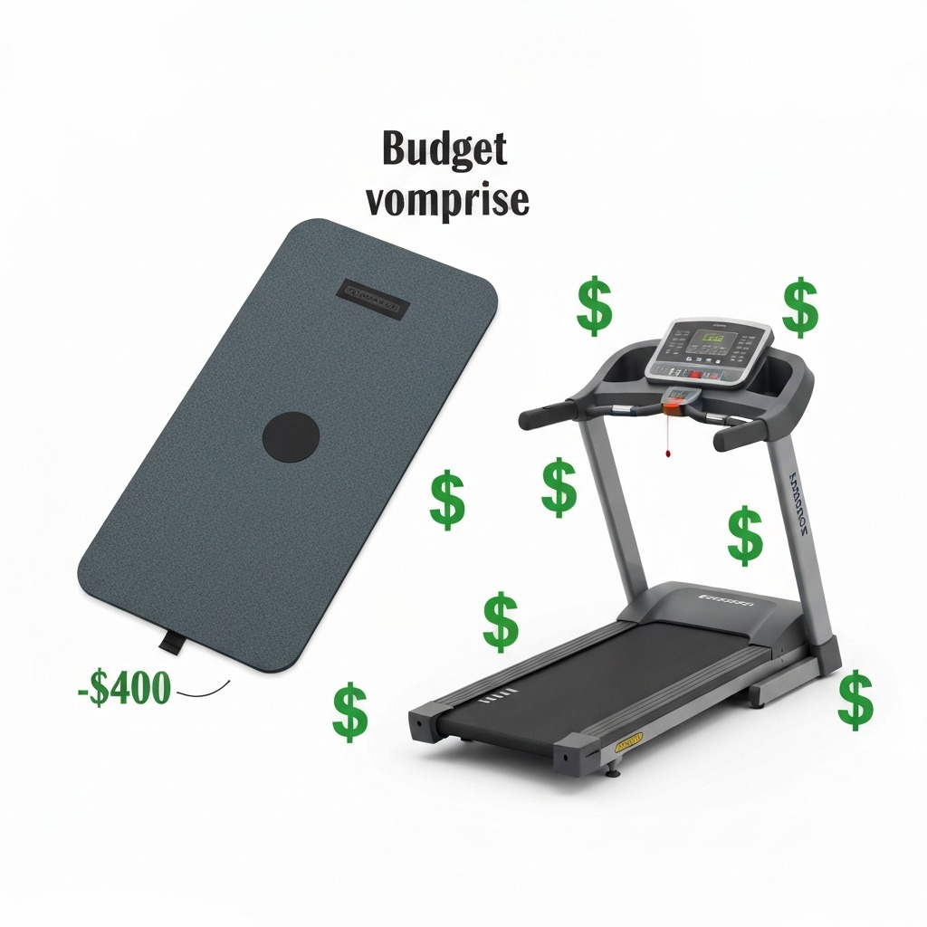Cost comparison visualization showing 3-year total cost of ownership for walking pad vs treadmill including purchase, maintenance, electricity, and subscriptions