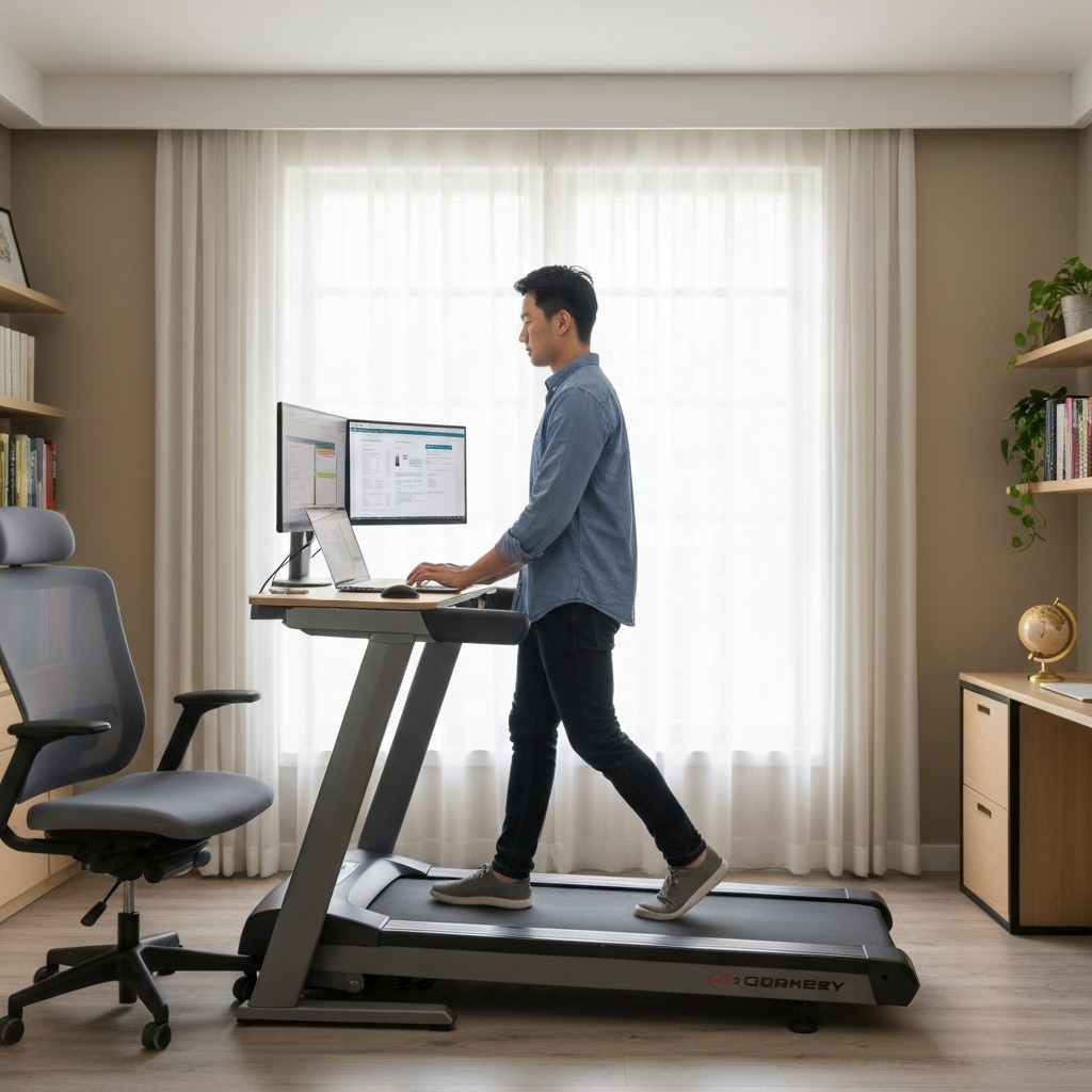 Remote worker walking on a walking pad under a standing desk while taking a video call — demonstrating practical desk walking use
