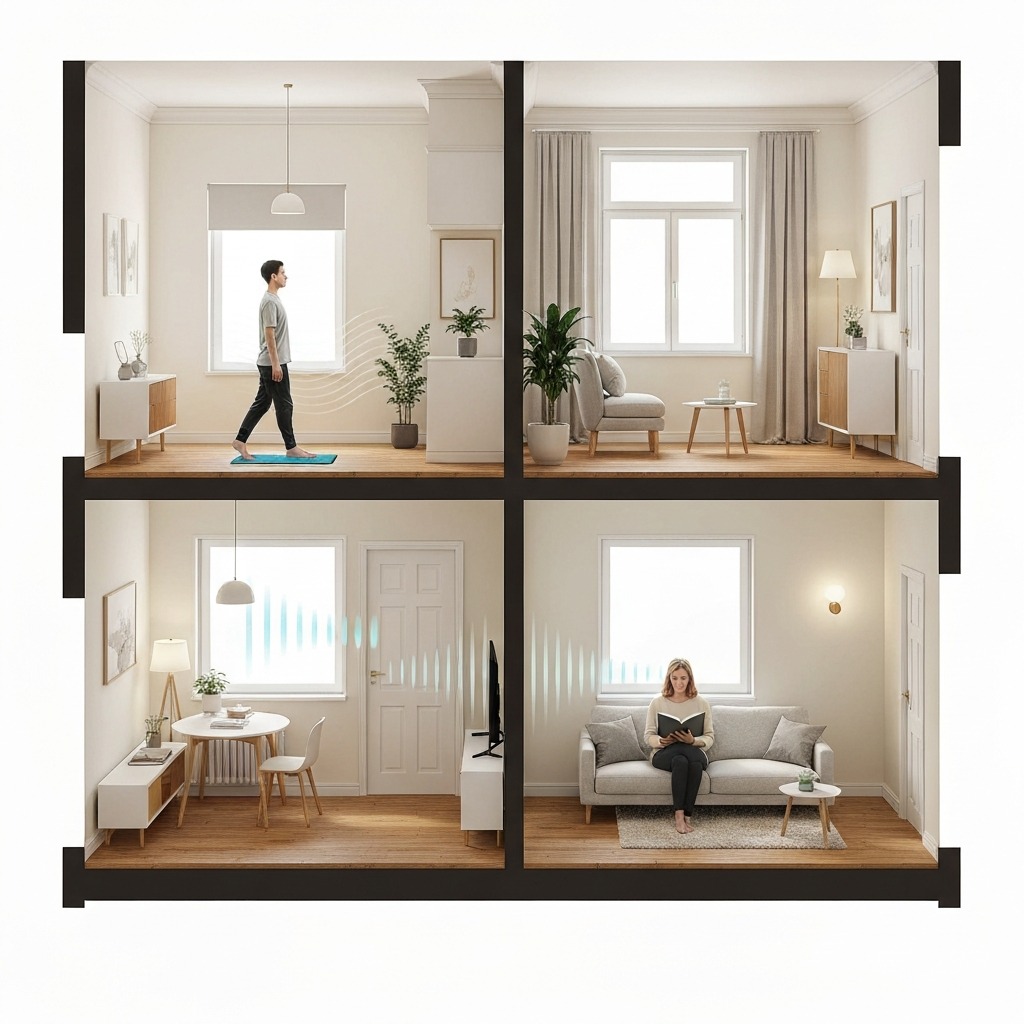 Cross-section illustration comparing noise transmission levels of walking pad use vs treadmill use in a multi-story apartment building