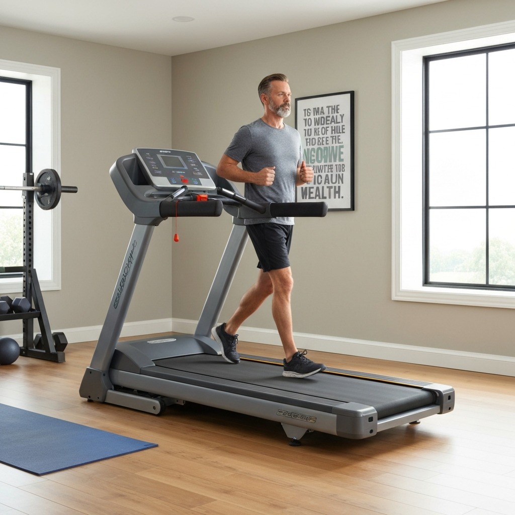Full-size treadmill in a home gym environment showing console, handrails, and belt width