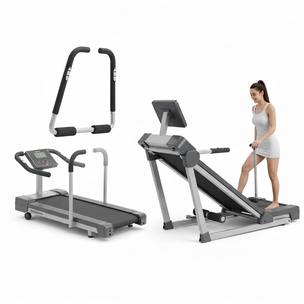 Hybrid 2-in-1 walking pad treadmill shown with foldable handlebar in both up and down positions for jogging and desk walking