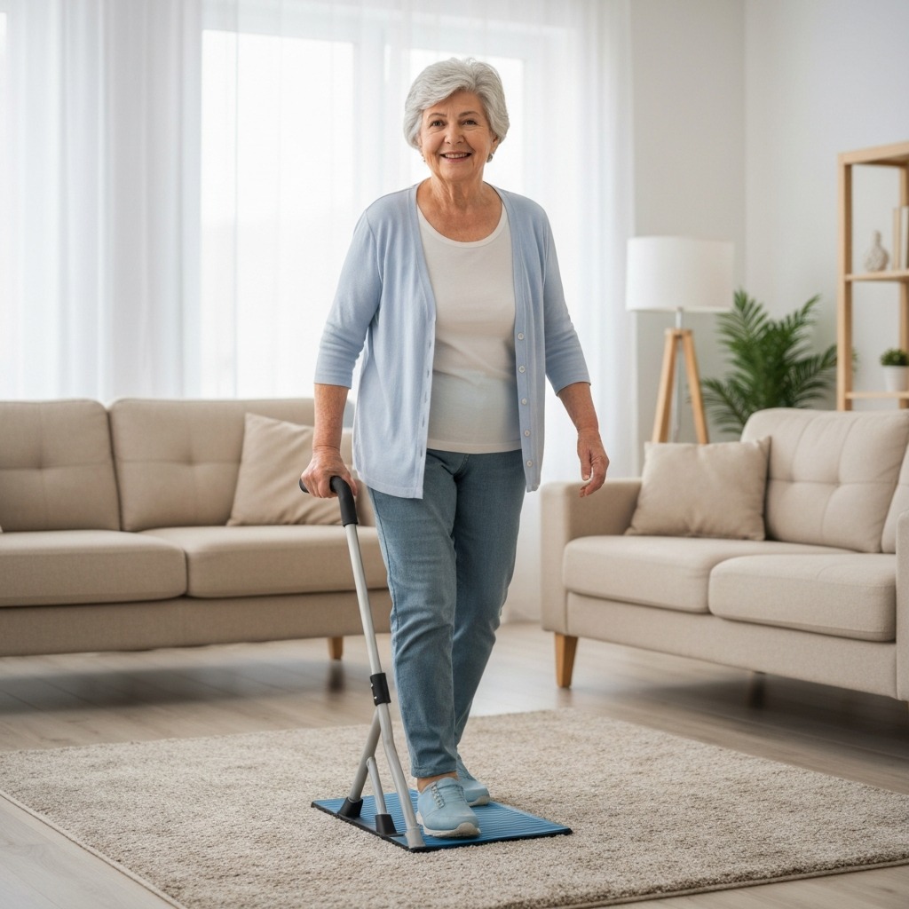 Senior woman walking safely on a walking pad with handlebar attachment in a bright living room at comfortable pace