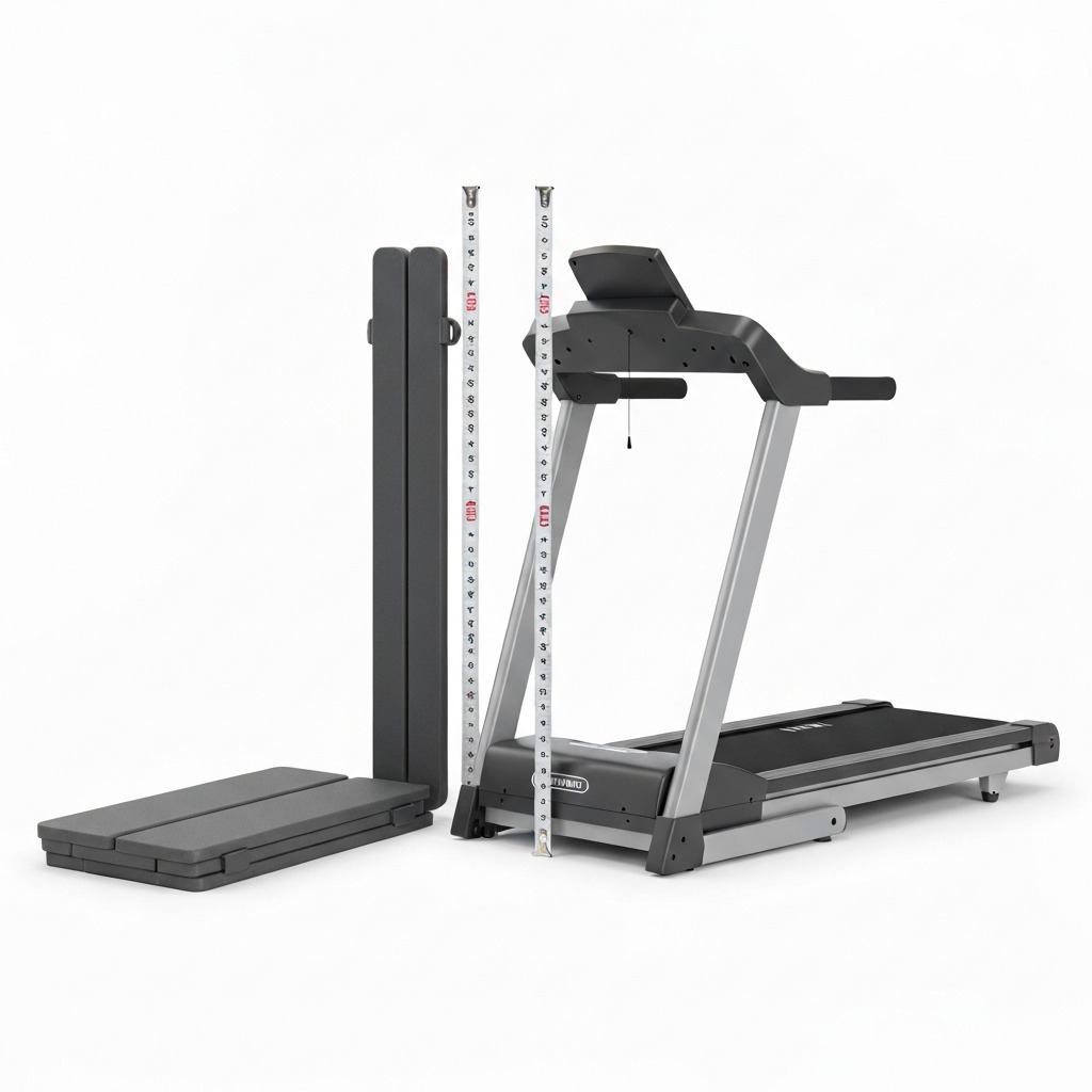 Side-by-side height comparison of a 5-inch walking pad versus a full treadmill with console, tape measure showing the dramatic profile difference