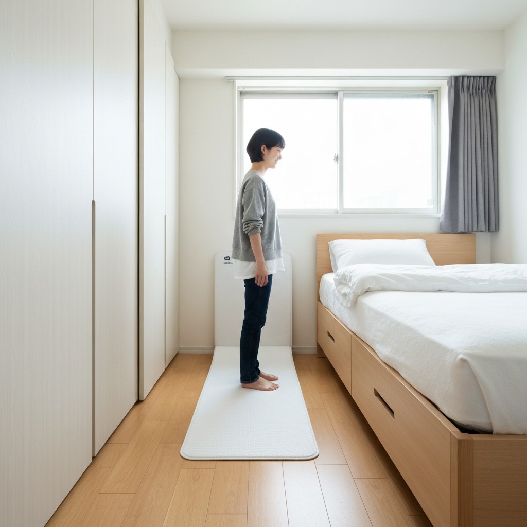 Person sliding a folded thin walking pad under a bed in a small apartment, showing compact storage in tight spaces