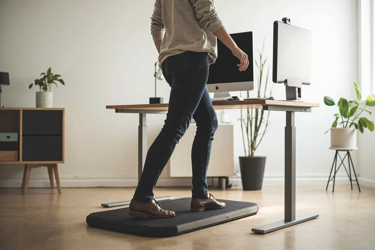 Person walking on the WalkingPad A1 Pro at a standing desk with monitor at proper ergonomic height