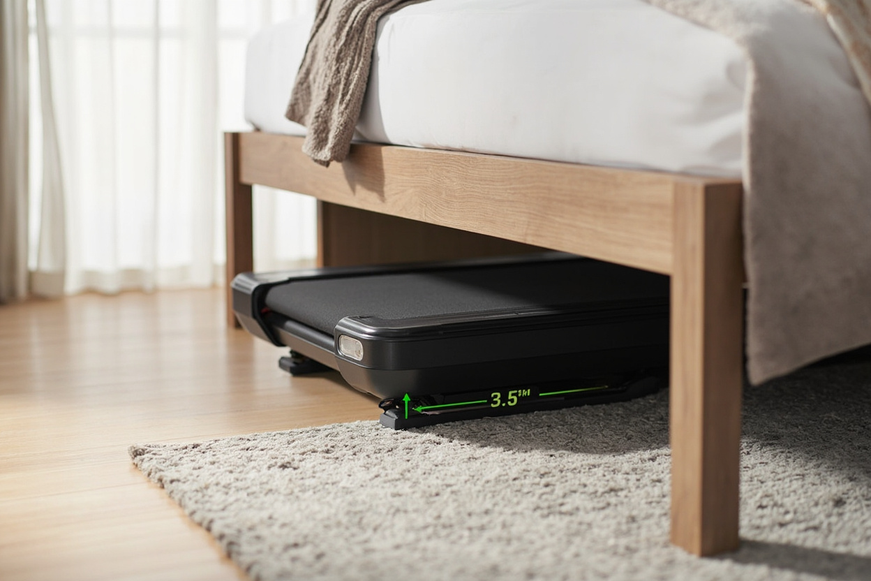 WalkingPad A1 Pro stored under a bed in the folded configuration, demonstrating its compact storage capability