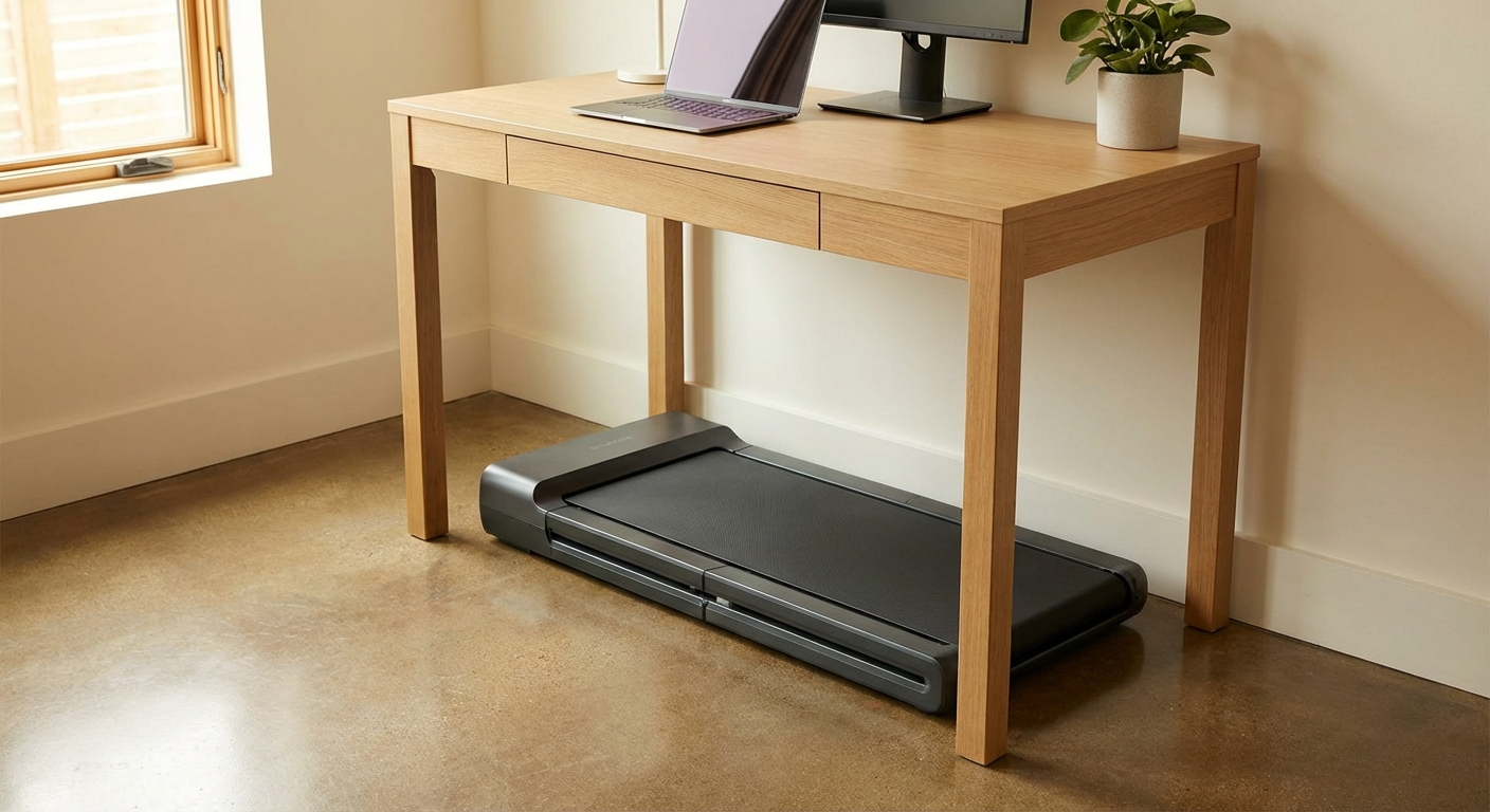 Five best folding walking pads for easy storage displayed side by side in a modern apartment