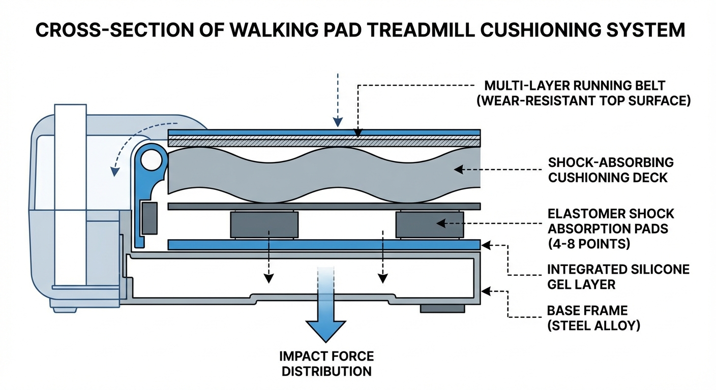 Diagram showing the multi-layer cushioning system inside a heavy-duty walking pad deck