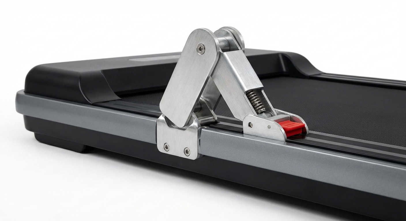 Close-up of a walking pad hinge mechanism mid-fold showing the locking latch