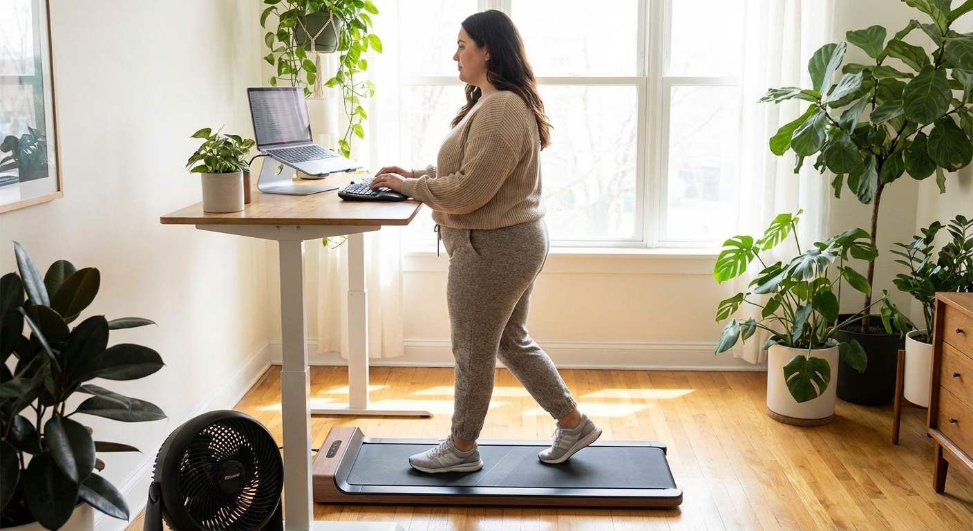 A plus-size person walking comfortably on a wide-belt walking pad in a home office setup