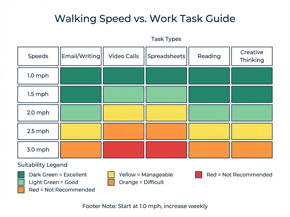 Walking pad speed vs task compatibility chart showing optimal speeds for typing, video calls, reading and creative work