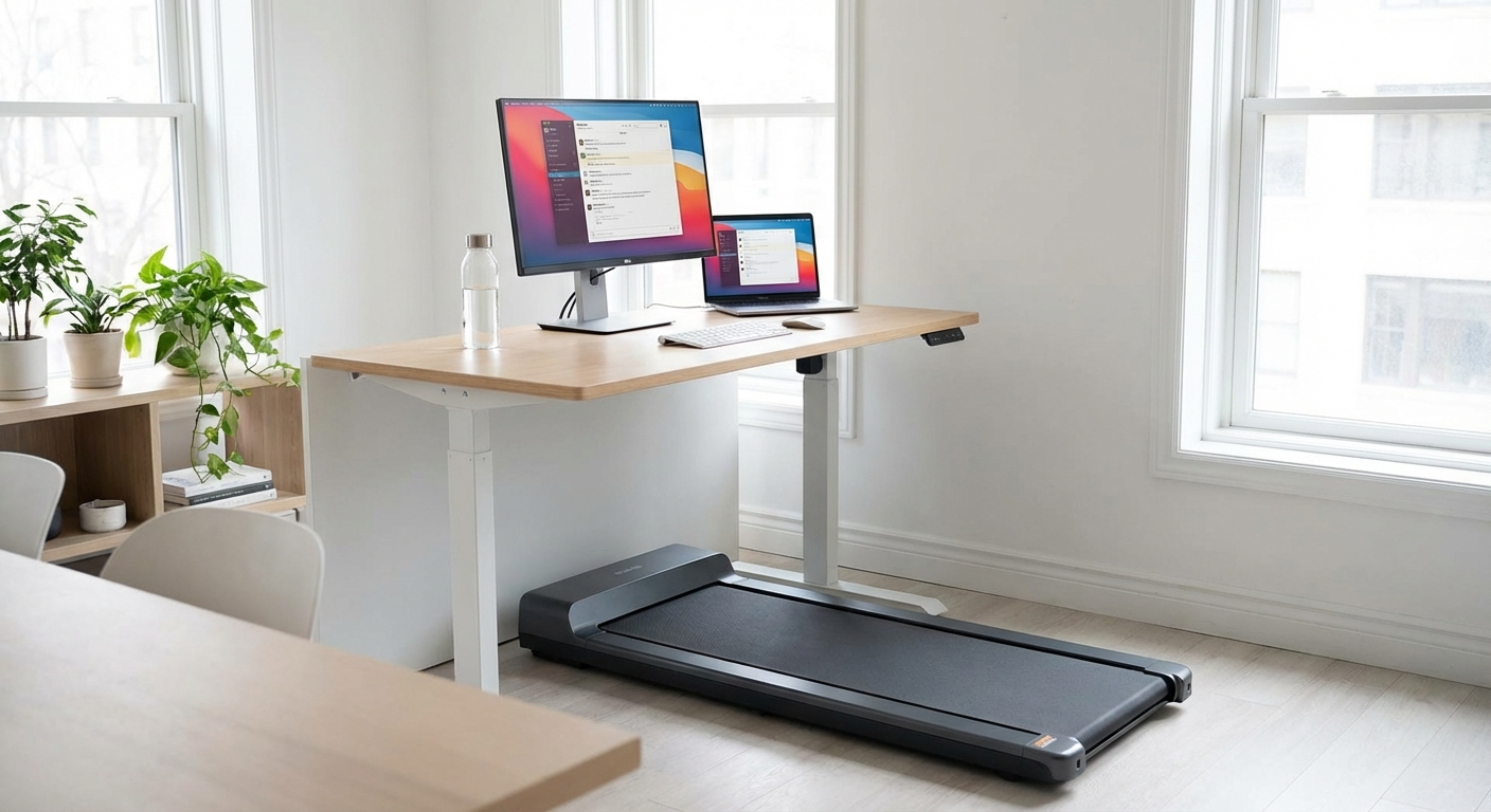 Walking pad vs standing desk comparison in a modern home office