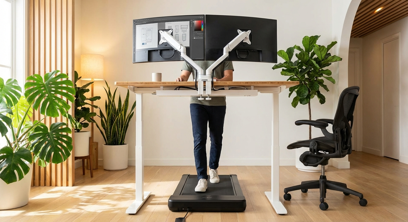 Ergonomic home office setup combining walking pad with monitor arm and cable management