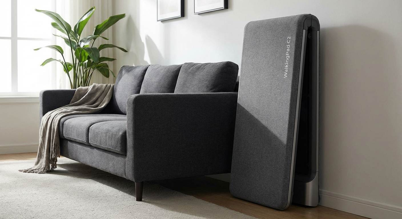 WalkingPad C2 folded and standing upright against a white wall showing compact storage size