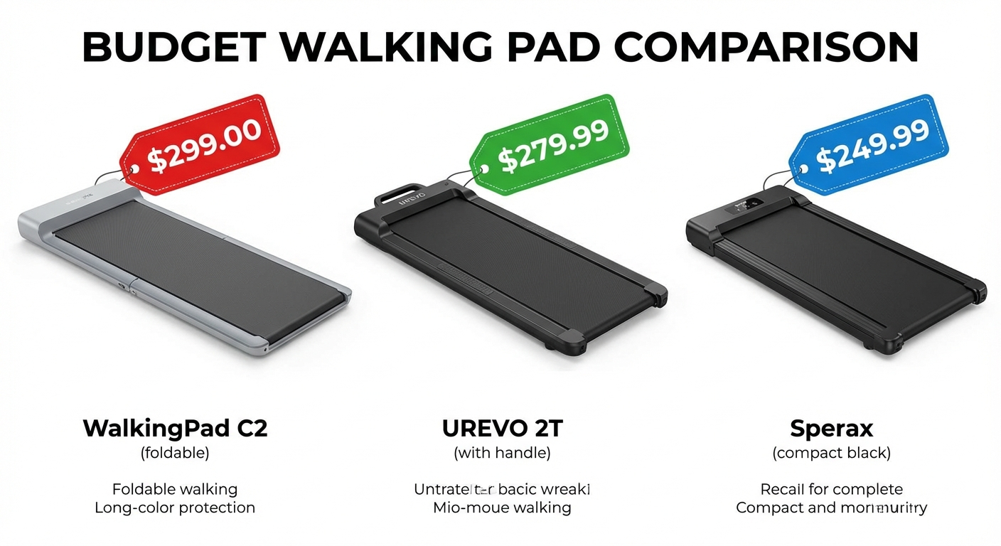 Three top budget walking pad brands side by side: WalkingPad C2, UREVO 2T, and Sperax, all under $300