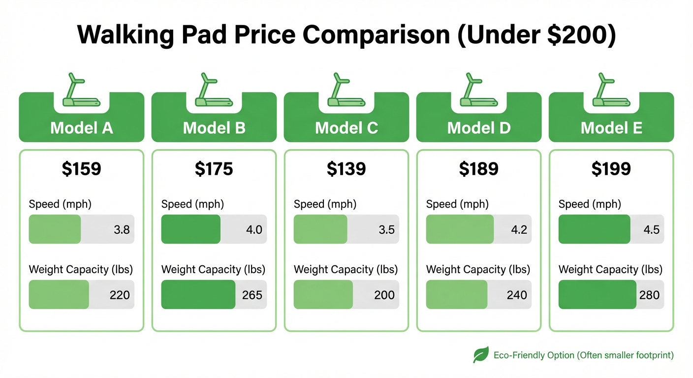 Price comparison infographic for walking pads under $200.